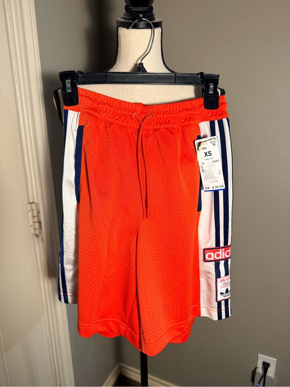 adidas Men’s Orange Mesh Athletic Shorts with Navy and White Stripe Panels